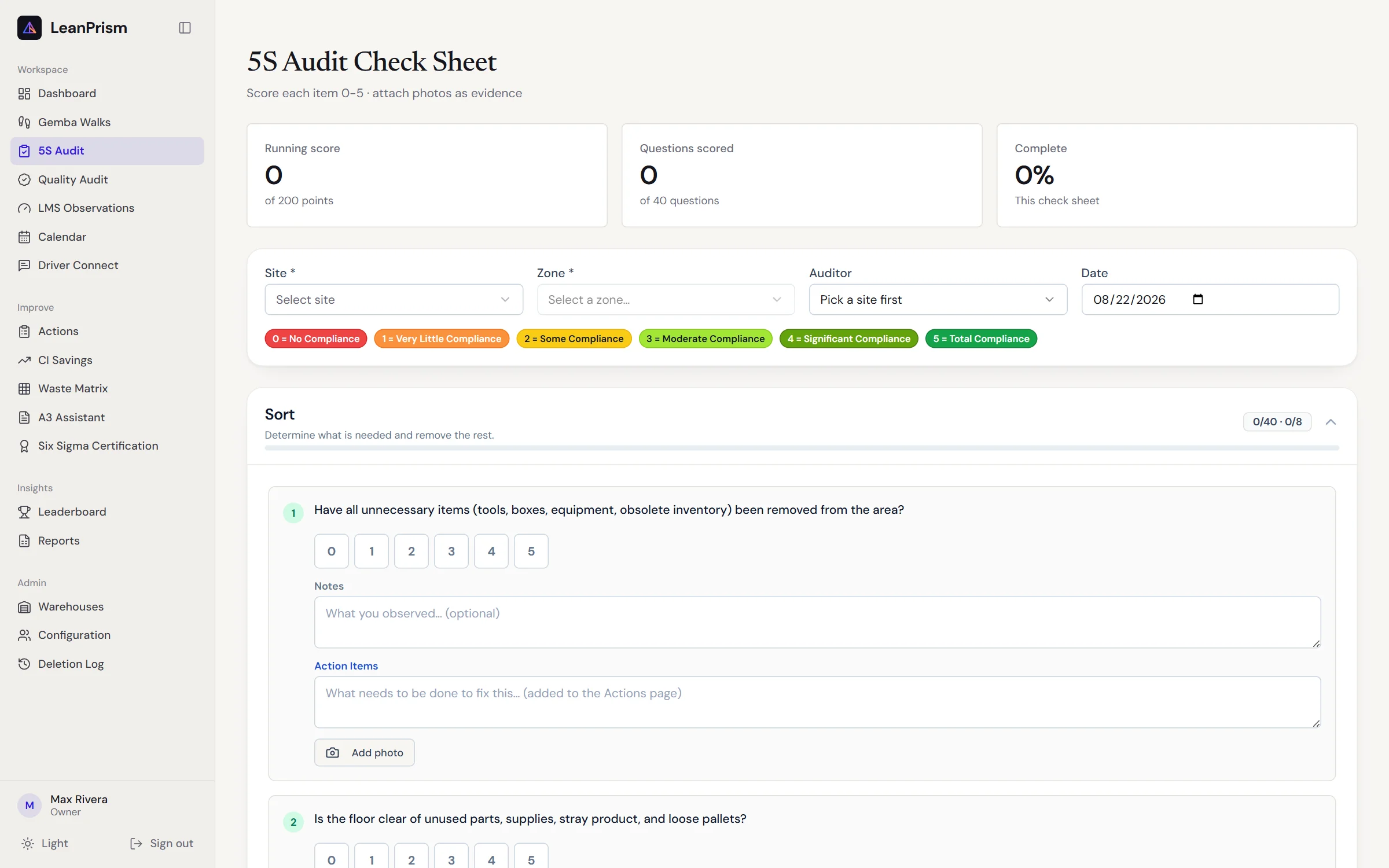 5S audit check sheet: scoring a zone 0 to 5