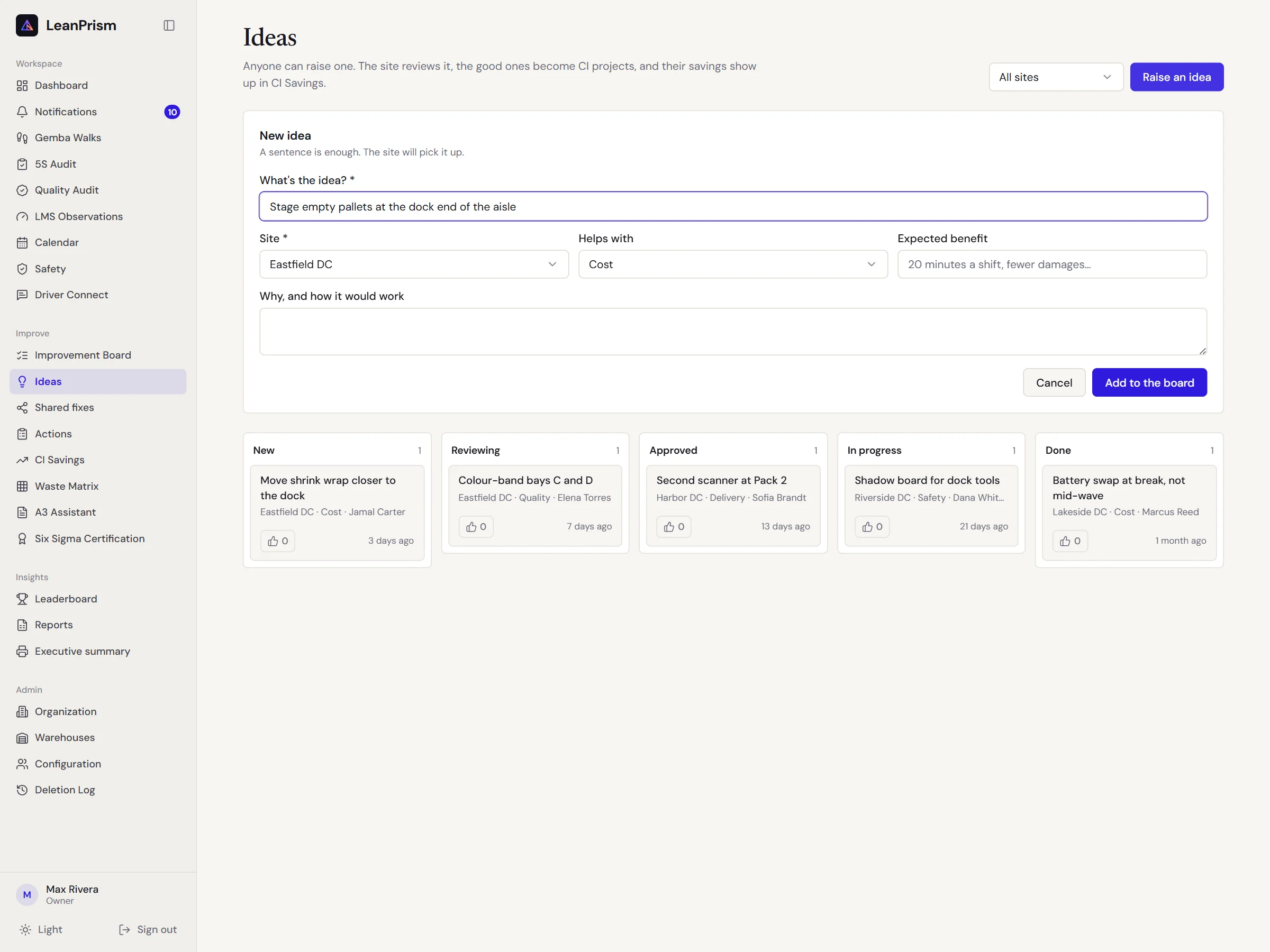 Ideas: anyone raises one in a sentence; the site triages it into a CI project
